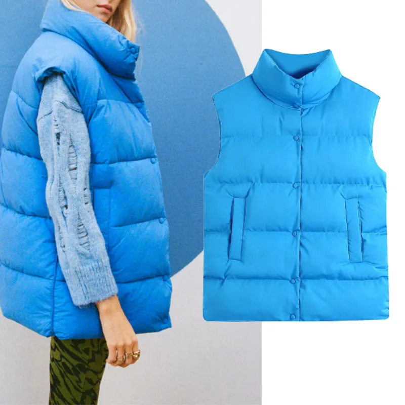 

Xypskh Za Women New Fashion Blue Padded Waistcoat Vintage High Neck Sleeveless Snap-Button Female Vest Outerwear Chic Tops