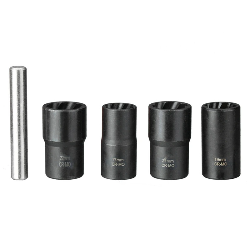 

5PCS/Set Twist Socket Kit 4 Damaged Worn Lug Nut & Wheel Lock Nut Removal Extractor Tool 1/2Inch Drive 17,19, 21, 22mm