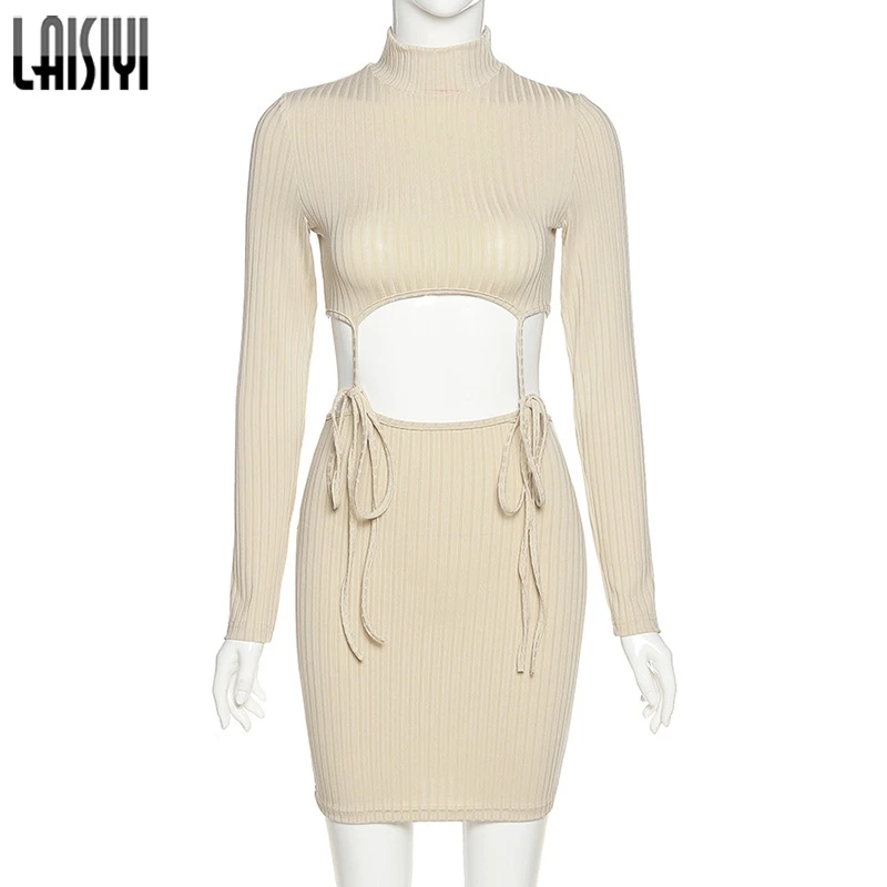 

LAISIYI Sexy Bandage Hollow Out Knitted Solid Crop Tops mini Skirts 2two pieces sets Women Long Sleeve skinny autumn casual suit