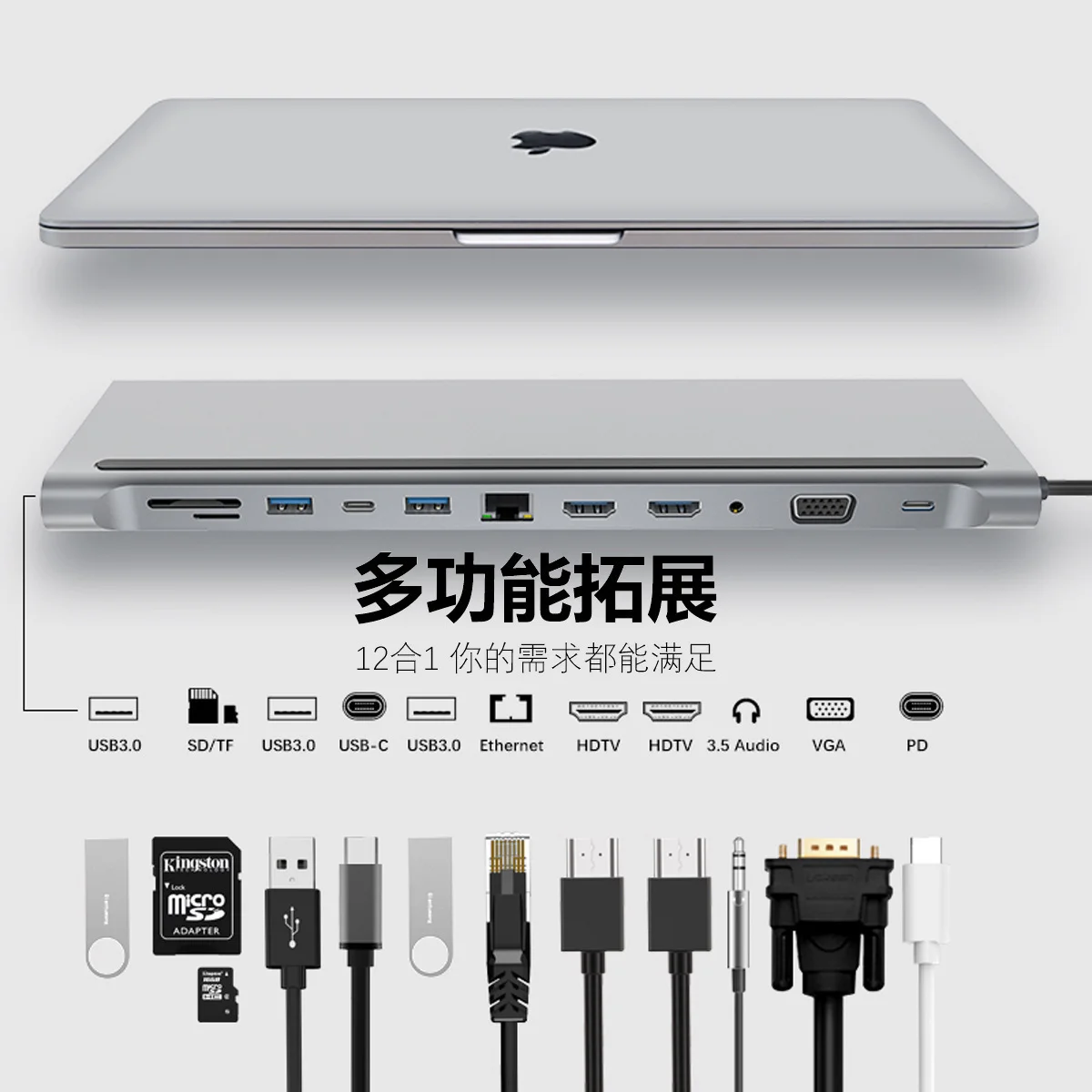 12-в-1 адаптер типа c USB док-станция для ноутбука с двумя портами HDMI, сетевыми портами, картридером SD/TF.