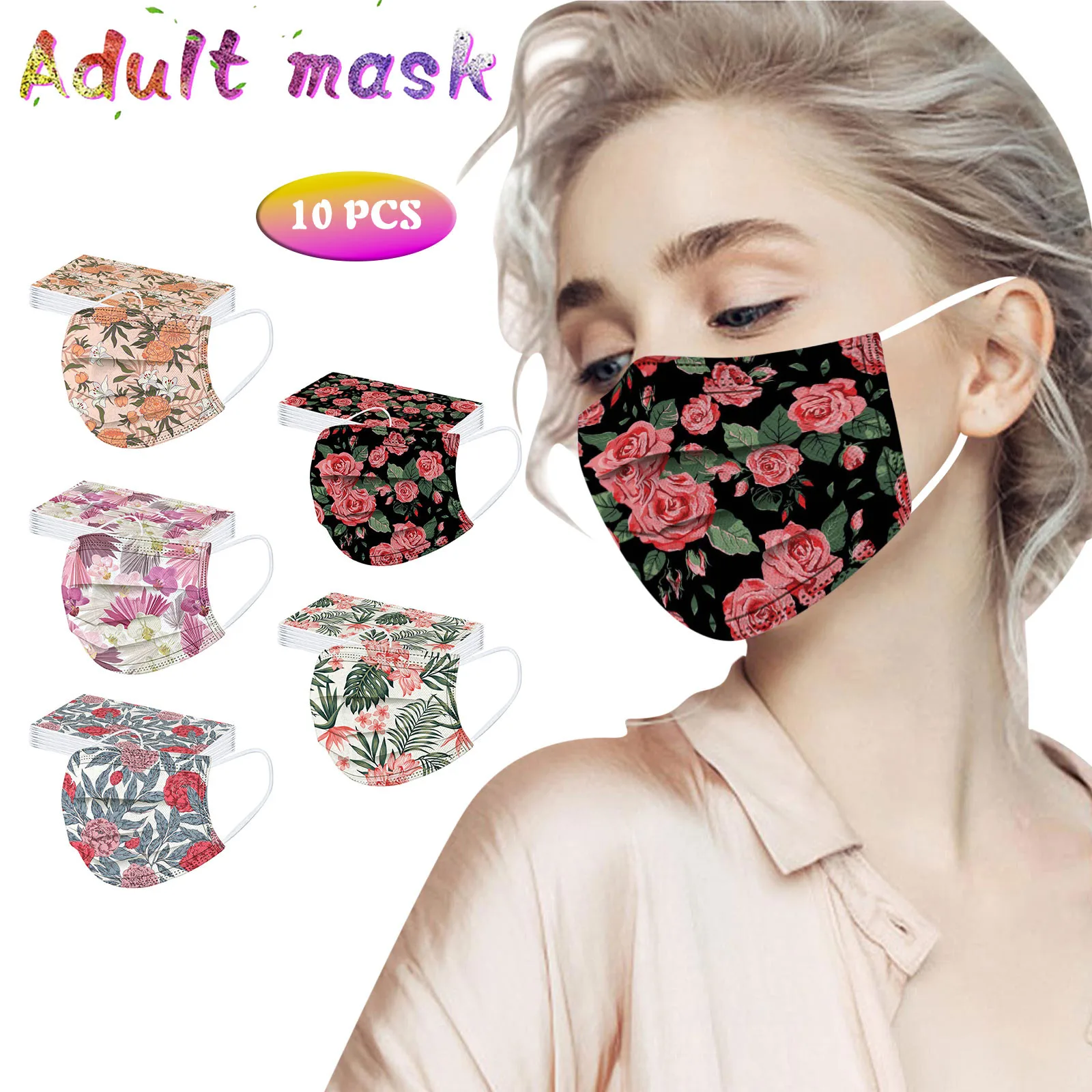 

10PCS Adult's Flower Print Disposable Mask 3-Layer Protective Dust-Proof Face Over Pm2.5 Dustproof Masks Earloop Bandage Masks