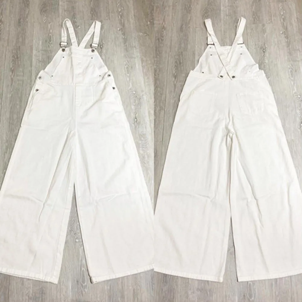 

Summer Women Jumpsuit Japanese Suspenders Plain Trousers Ladies Fashion Loose All-in-one Full Length White Casual Wide Leg Pants