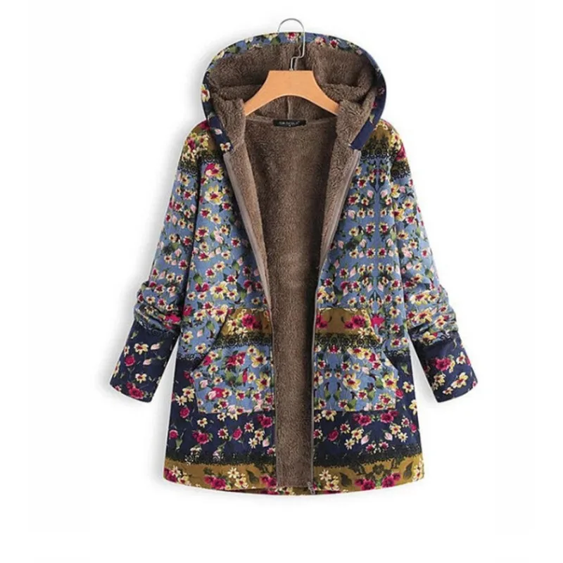 

2021 New Winter Women's Jacket Fashion Plush Print Hooded Jacket Zipper All-match Jacket Qm*