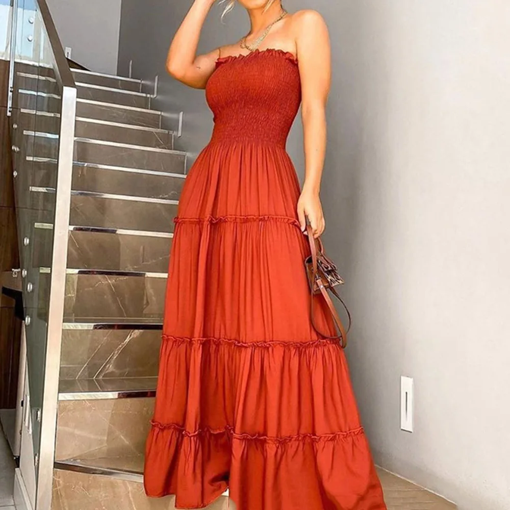 

Maxi Dresses Women Party Holiday 2021 Summer Sweet Tube Top Sleeveless Solid Fashion Floor-Length Female Expansion Long Dress