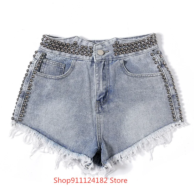 

Round Rivet Denim Shorts Women's Summer 2021 New High-Waist Washed Irregular Fringe Loose Large Size Wide-Leg Pants