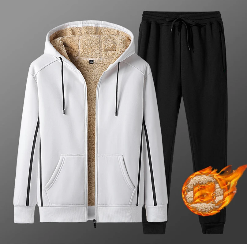 2021 Winter Men Fleece Tracksuit  Hooded Outerwear Hoodie Set 2 Pieces Sporting Fitness Sweatshirts Jacket + Pants Sets