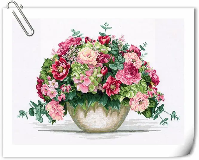 

Вышивка крестиком в виде гортензии в фарфоровой бутылке, 14CT