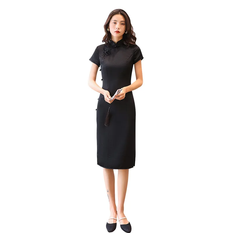 

Elegant Vintage Qipao Satin Evening Party Dress Women Chinese Traditional Handmade Button Cheongsam Plus Size 3XL 4XL