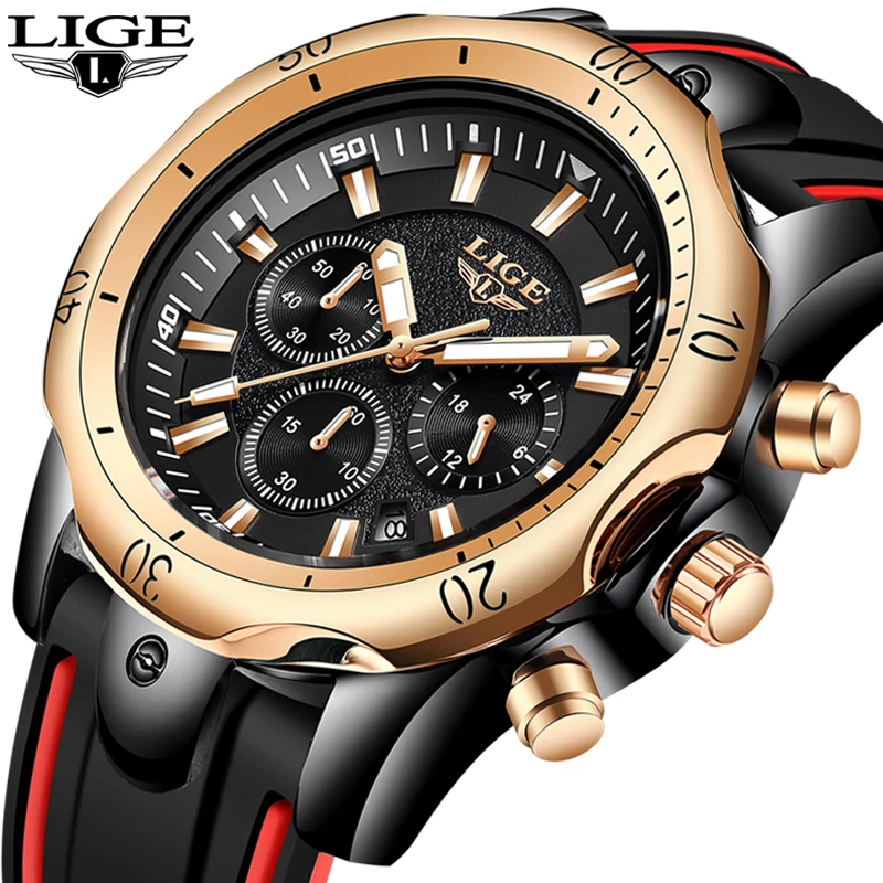 Часы наручные LIGE мужские с силиконовым ремешком брендовые Роскошные деловые