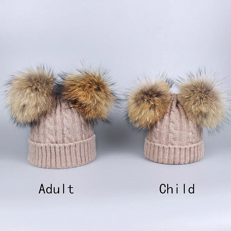 

Children Winter Knitted Beanies Cap Female Fox Fur Pompom Parent-child Thick Warm Beanies Hat Women Casual Caps Skullies Bones