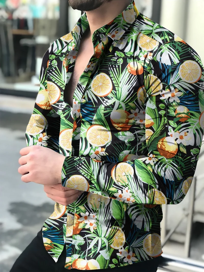 Camisas florales de manga larga de Otoño de 2021 para hombres camisas estampadas con flores de corte delgado para hombres cam