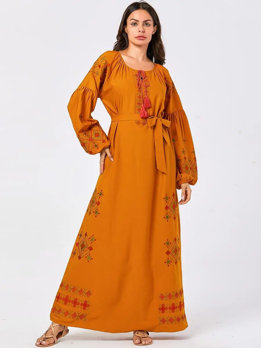 New Women Muslim Abaya Dress Embroidery Ethnic Loose Prayer Kaftan Islamic Robes Gown Arab O-neck Long Sleeve With Belt Fashion |