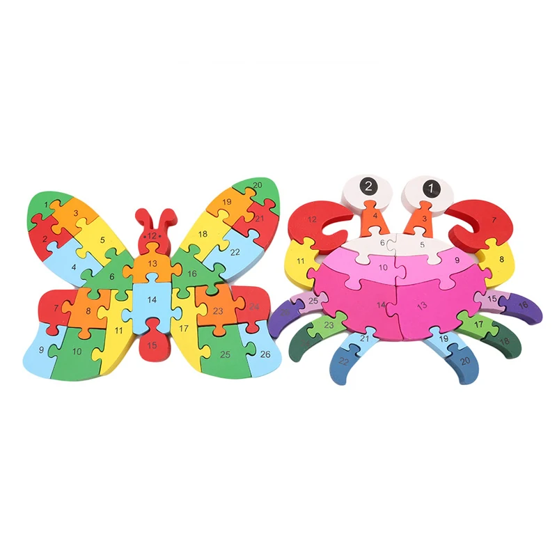 

Wooden Animals Math Puzzle Jigsaw Crab Butterfly Letter Kid Baby Learing Educational Toy