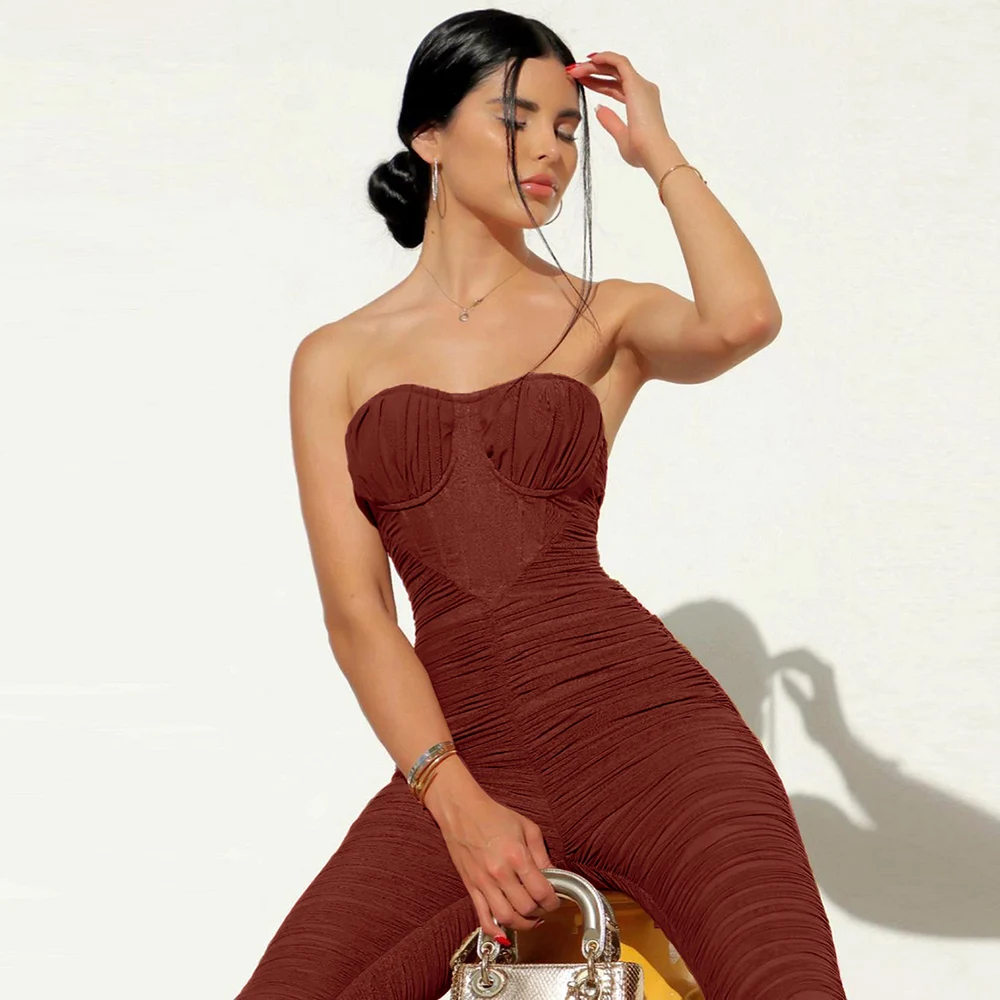 

Women Summer Fashion Luxury Sexy Strapless Backless Mesh Ruched Bodycon Jumpsuit 2021 Celebrity Designer Bodycon Rompers