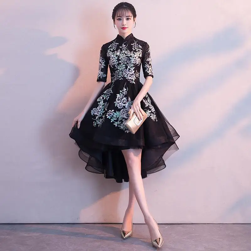 

Платье-Ципао женское с цветочной вышивкой, элегантный вечерний наряд в китайском стиле ретро, в восточном стиле, с рукавом до локтя, для свадьбы