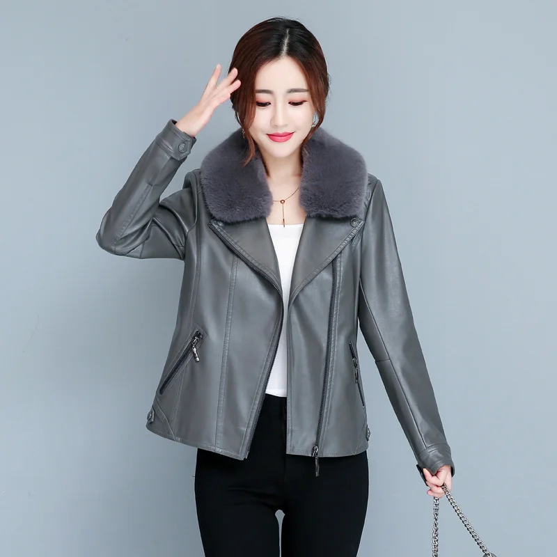 New Leather Jacket Women Autumn Winter 2022 Fashion Fur Collar Plus Cotton Liner Thick Streetwear Slim Sheepskin Leather Coat