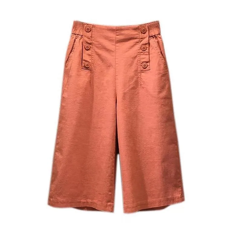 

2021 New Summer Women Loose Casual Elastic Waist Straight Pants All-matched Fashion Button Design Cotton Calf-length Pants W98