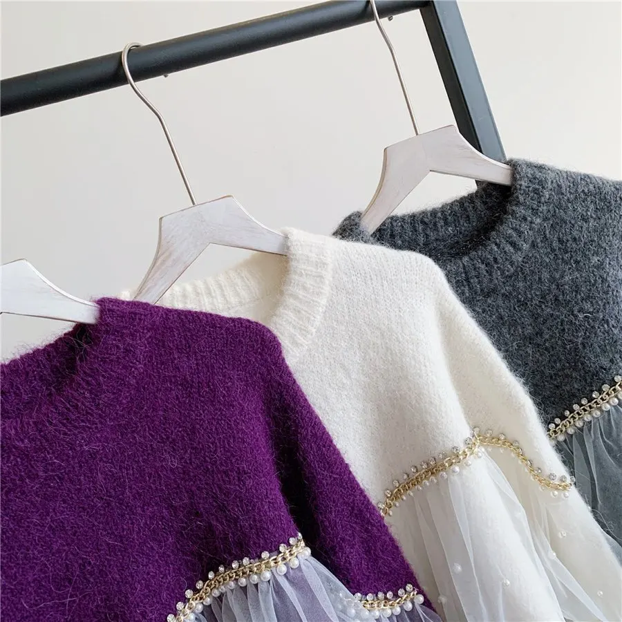 

2020 Fall New Diamond-Studded Pearl Net yarn Beaded Loose Heavy Long-Sleeved Sweater Women
