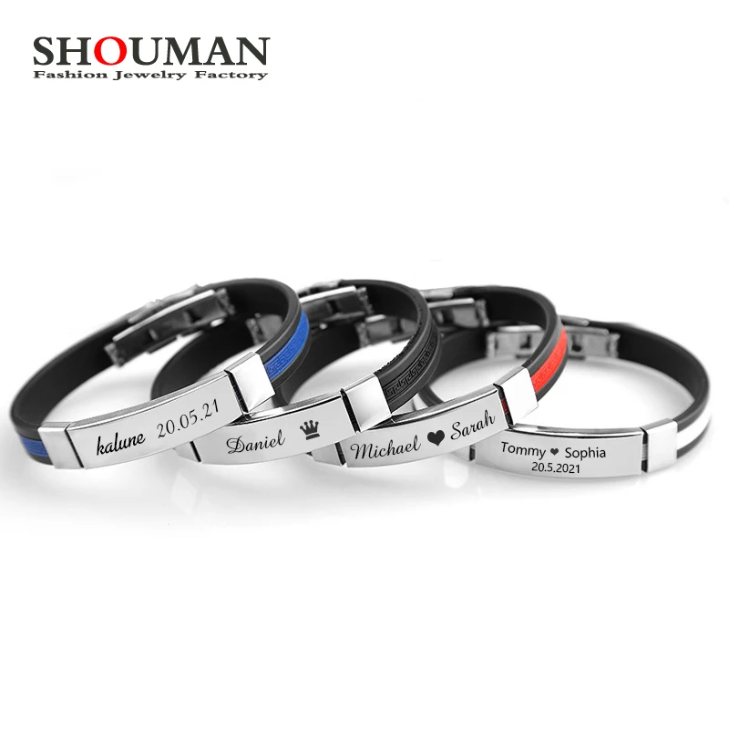 SHOUMAN Personalized Record Bracelets for Men Customize Engrave Lover Name Date Stainless Steel Classic Bangle Gift
