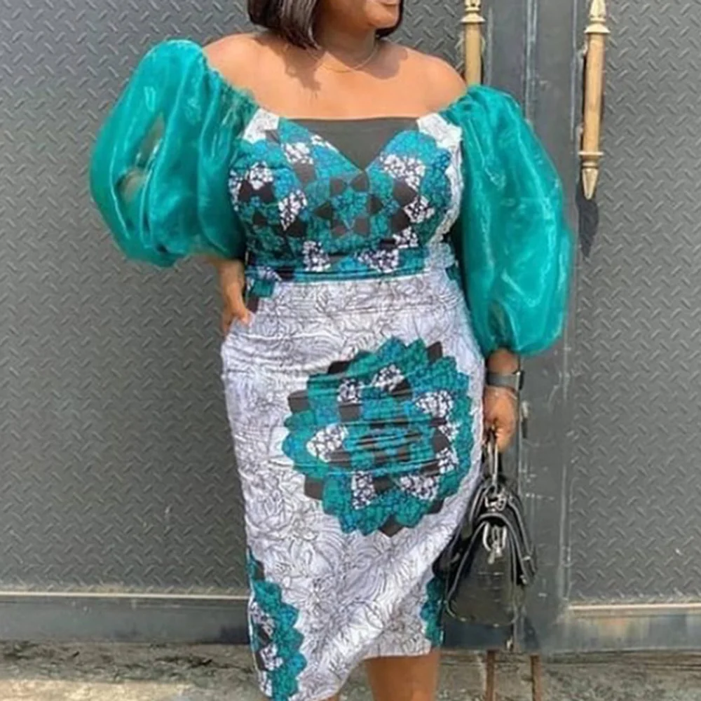 

Sexy Off-the-shoulder Perspective Stitching Organza High Waist Large Size Package Hip Printing Casual Women's Dress Dress