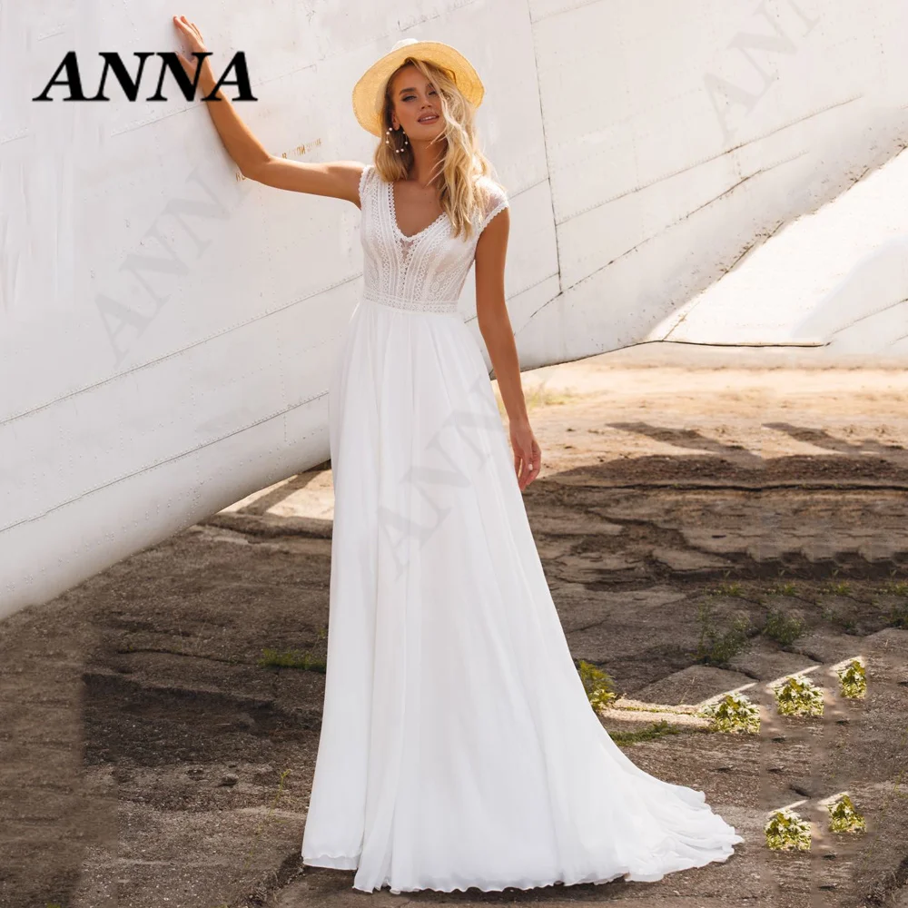 

Anna Beauty Wedding Dress 2021 Boho V-Neck Chiffon Beach Party Gown Simple Elegant Applique Vestido De Noiva Civil Women Skirt