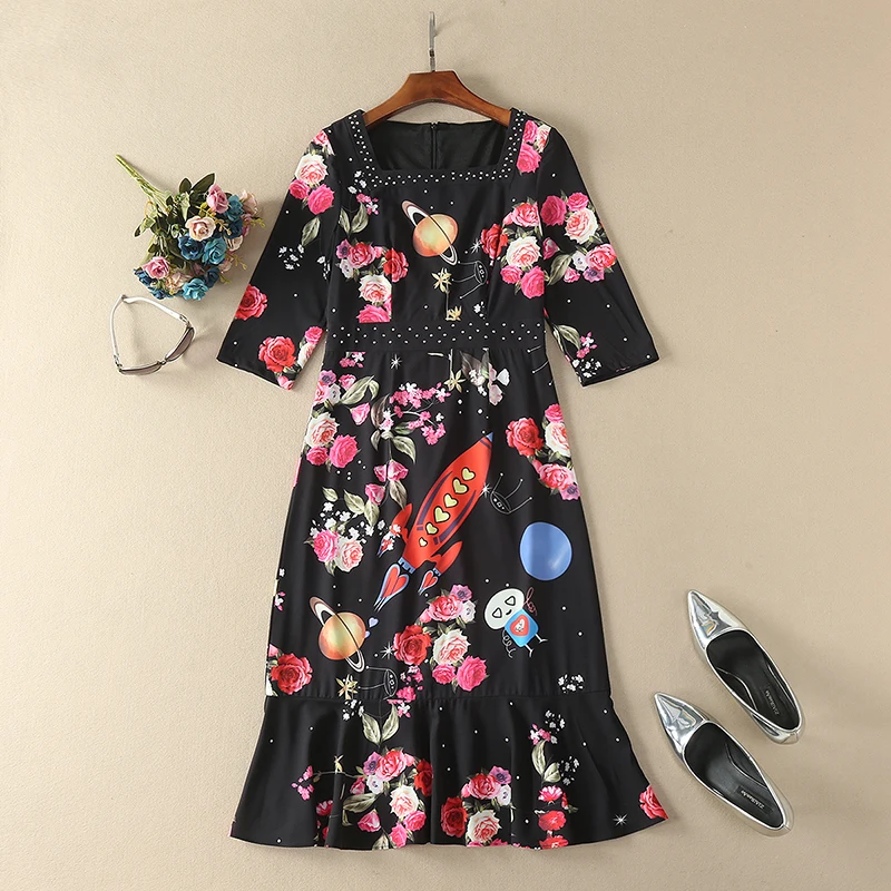 Женское платье с длинным рукавом длинное квадратным вырезом юбкой годе принтом в