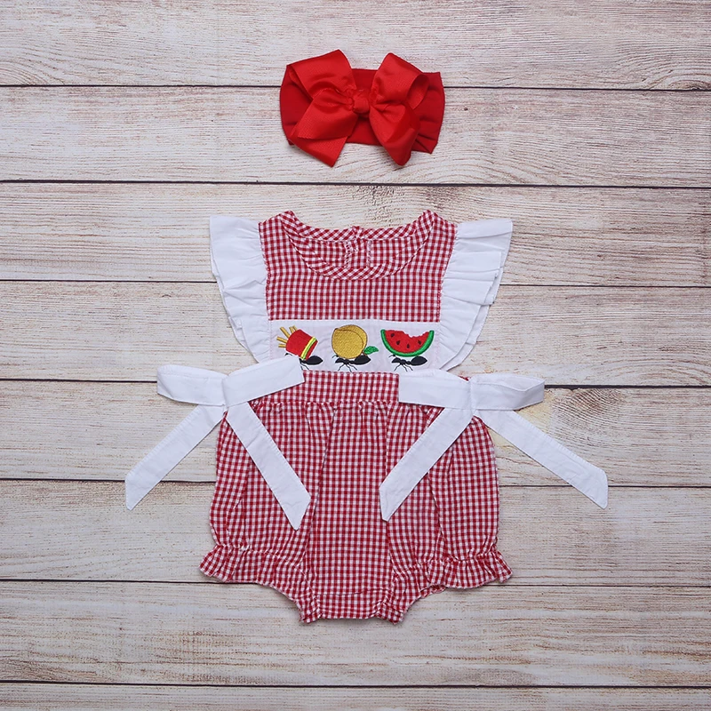 

​Toddler Girl Clothes Red Plaid Sleeveless Ants Moving Watermelon Embroidery Pattern Baby Rompers