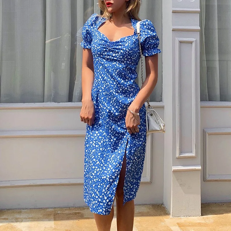 

EasyGarment Fashion Floral Split Slim Summer Dresses Casual Skirt French Style Square Collar Puff Sleeve Long Dress for Women