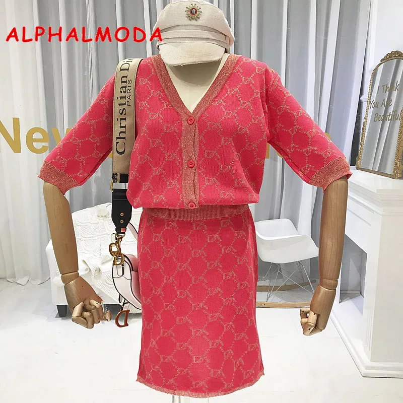 Женский вязаный комплект ALPHALMODA кардиган + прямая юбка из 2 предметов с рукавом до