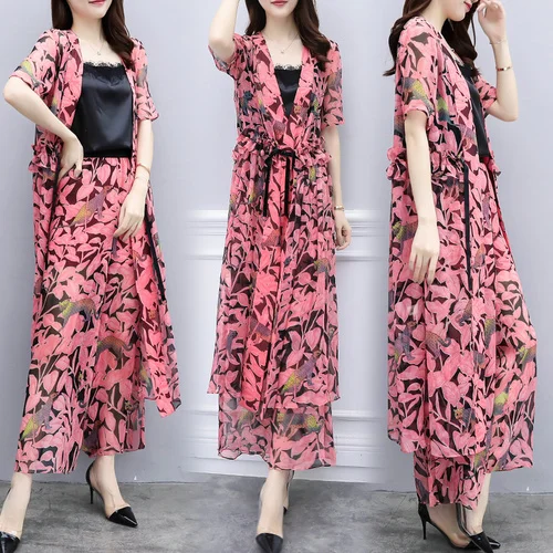

Floral Print Women Two Piece Outfits Summer Wide Leg Pants Bohemian Luxury 2 Piece Set Women Chiffon Cardigan Top&pants Set