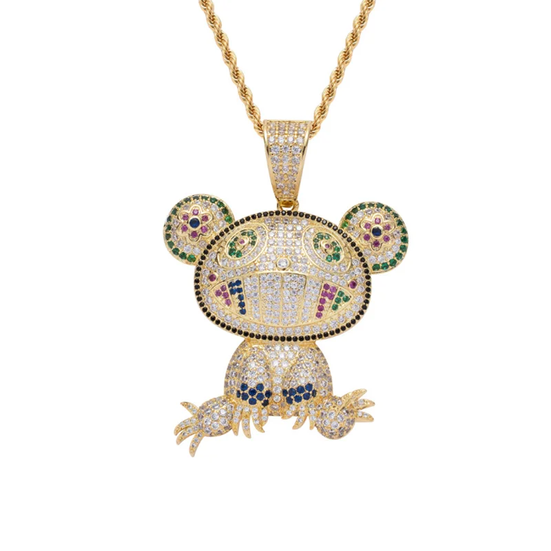 

Rhinestone Men Necklace Ice Out Cubic Zircon Hip Hop Multi-Color Frog Pendant Gold Silver ColorCharm Chain Jewelry