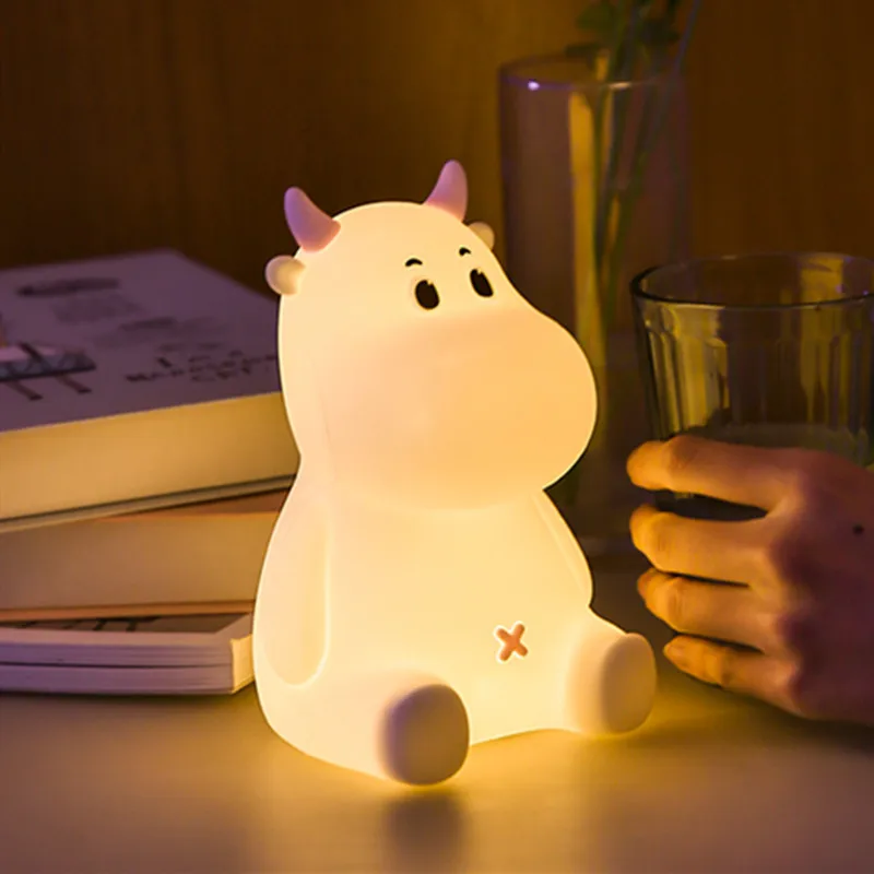 

1Pc Creative Silicone Calf Cow Night Light LED Colorful USB Charging Dimmable Pat Bedside Table Lamp