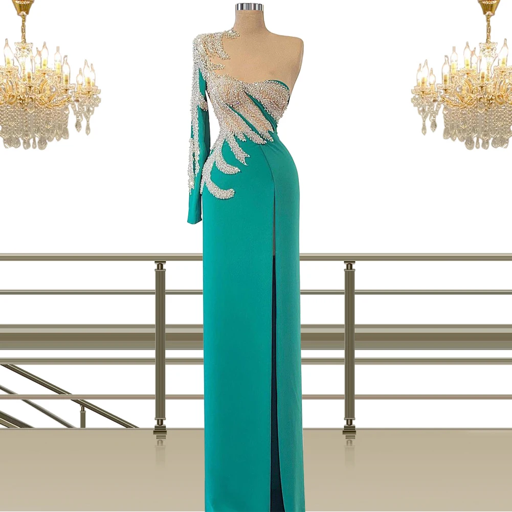 

Green Beaded One Shoulder Evening Dresses Mermaid Formal Prom Gowns for Business Banquet 2022 Celebrity Gala Wedding Party Dress