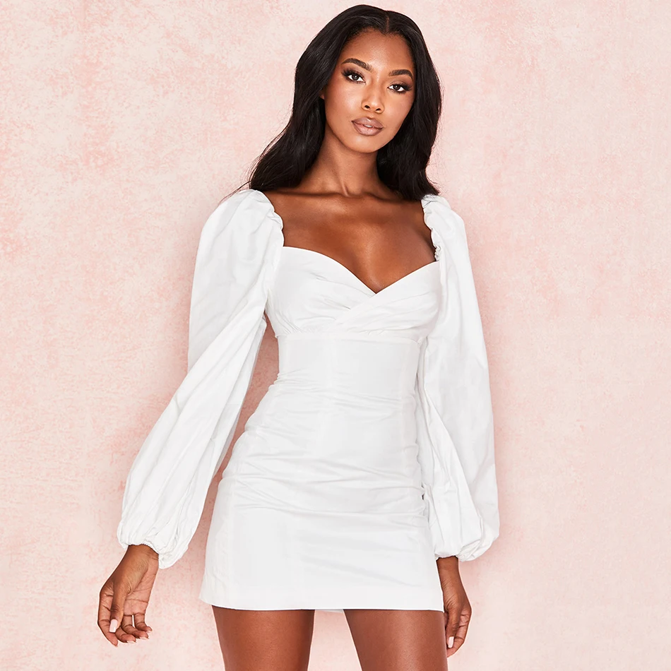 2019 Autumn New White Sexy Dress Female Long Paragraph Puff Sleeve Tight Elegant Mini Pleated Vestidos | Женская одежда