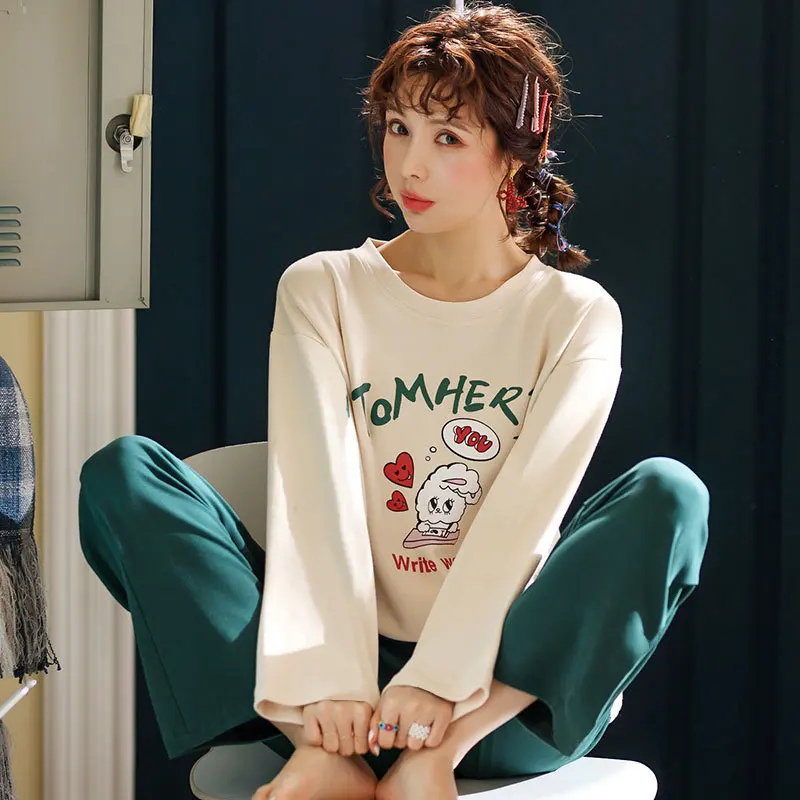 Womens Pajamas Sets Autumn Winter New Long Sleeve Cartoon Print Cute Loose Sleepwear Girl Pijamas Mujer Leisure Nightgown Women