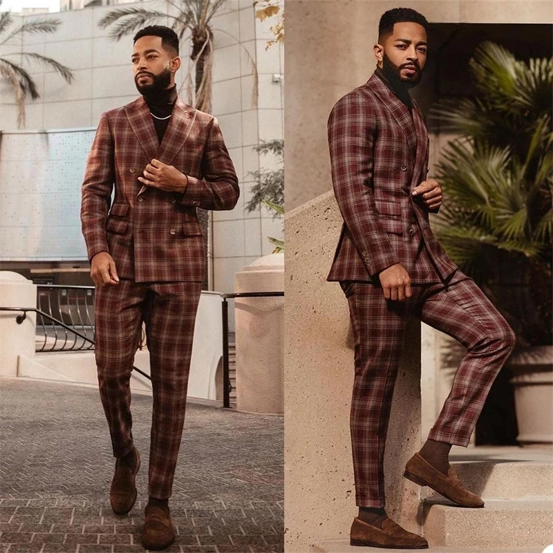 

2 Pieces British Plaid Men Suits Designer Custom Made High Quality Cotton Male Suits Double Breasted Formal Business Coat+Pant