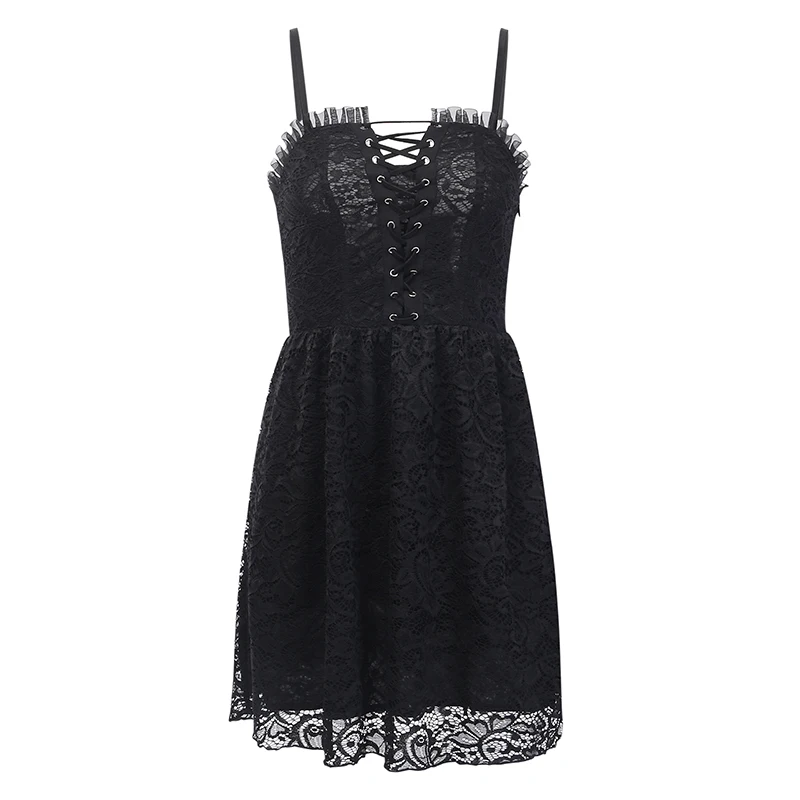 

Lace Dress Spaghetti straps Sexy Black Mini Dress Women Gothic Streetwear Pleated Hollow Out Summer Dress
