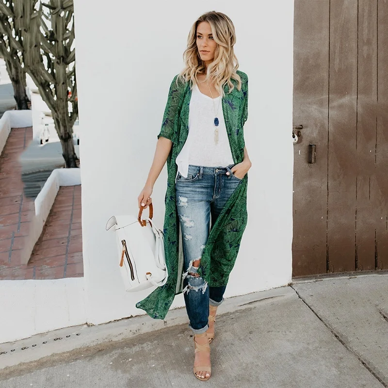 Женское пляжное кимоно с цветочным принтом Boho длинный шифоновый кардиган