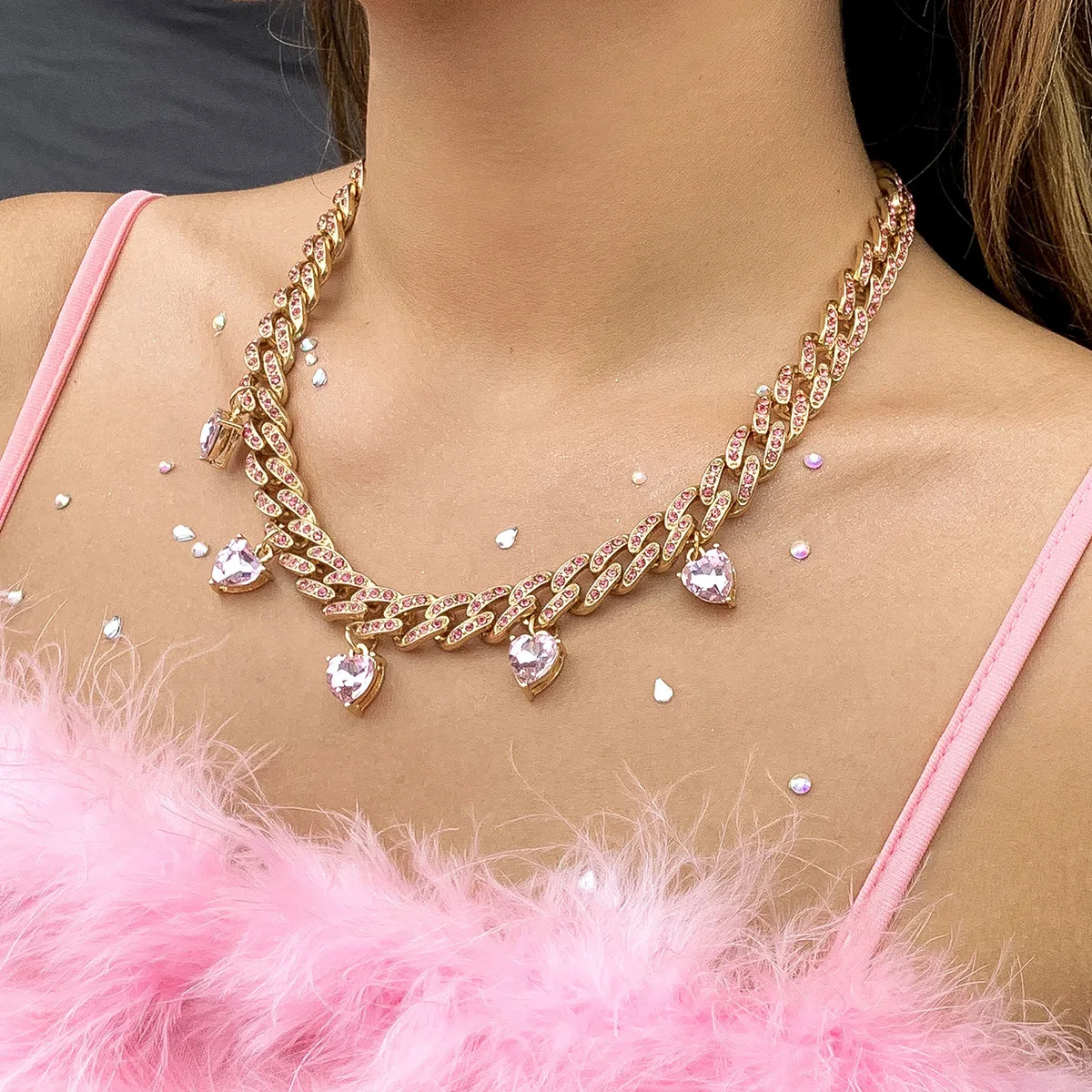 

2021 Goth Korea Rhinestone love Hollow Pendant Inlaid Rhinestones Necklace Female Stainless Steel Alloy Girl Accessories Jewelry