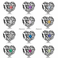 authentic 925 sterling silver openwork month signature heart birthstone charm beads fit pandora bracelet necklace jewelry