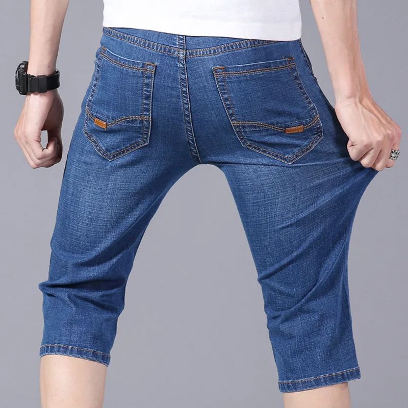 Summer thin denim shorts men's elastic loose straight 5-point breeches 7-point fashion brand breathable jeans pants