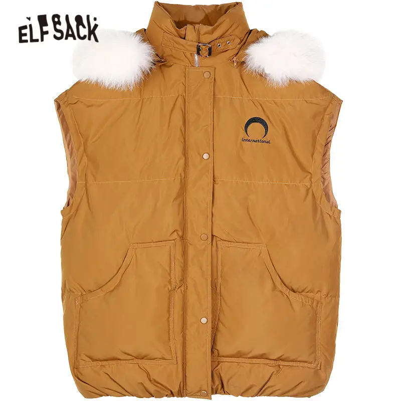 

ELFSACK Moon Embroidery Oversize Hooded 90% White Duck Down Coat Women,2020 Winter ELF Pure Sleevelesss Zipper Korean Warm Coats
