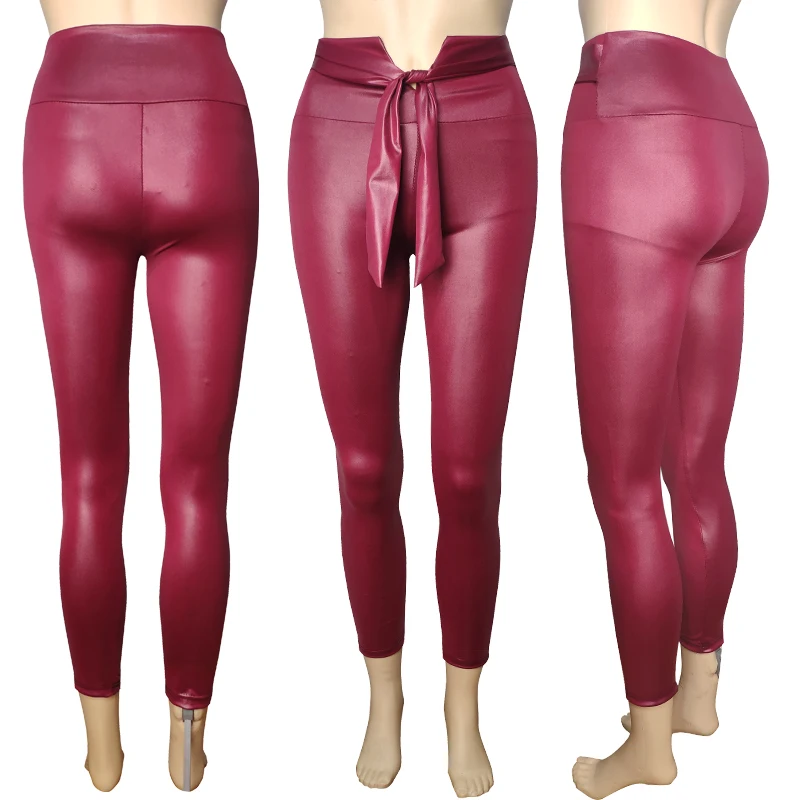New Belt Faux Leather Pants Casual Fashion Sexy Slim Solid Color Faux Leather Pants Women 2020 European Ladies PU Leggings