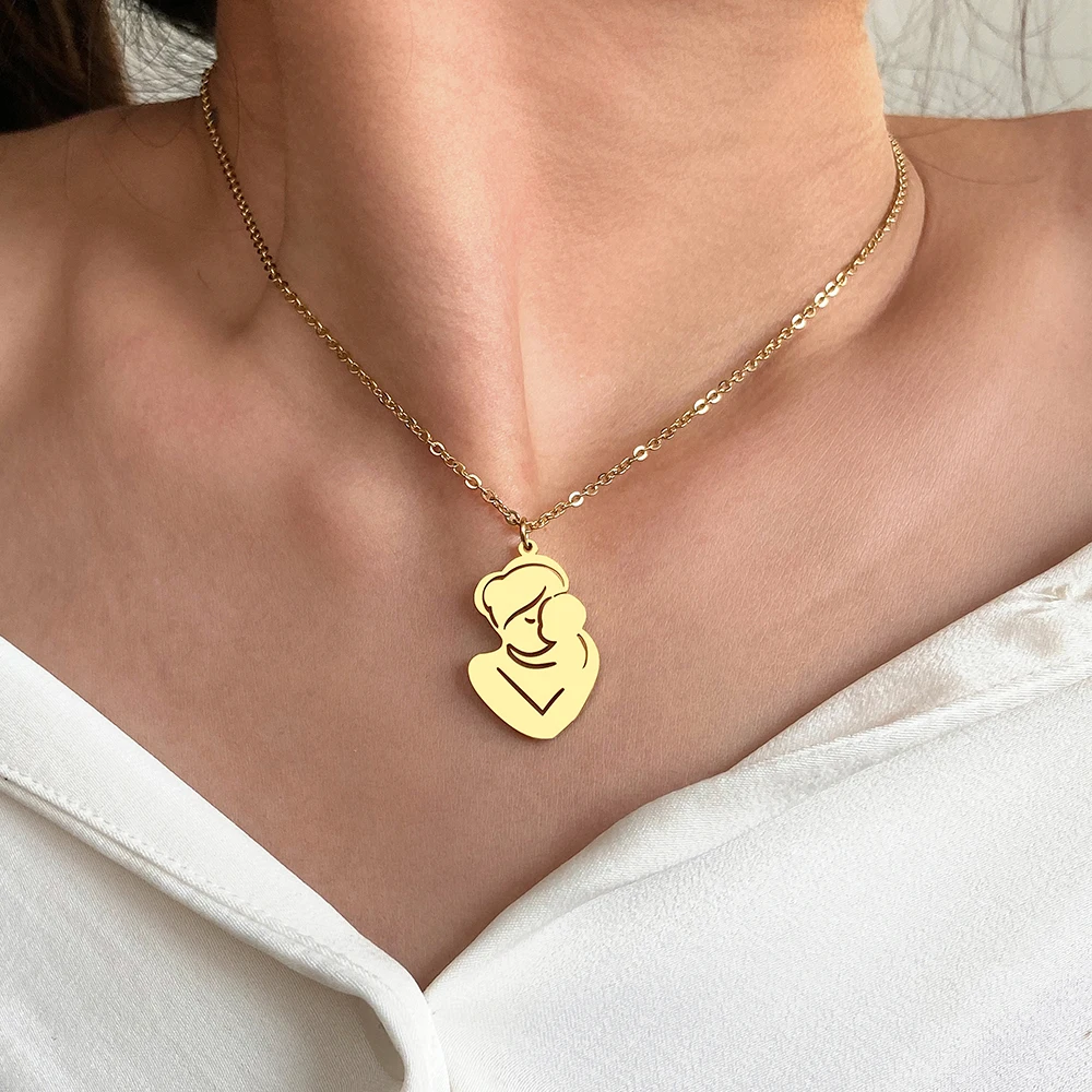 Stainless Steel Necklaces Family Mother Child Hug Pendant Chain Choker Charm Fashion Necklace For Women Jewelry Birthday Gifts