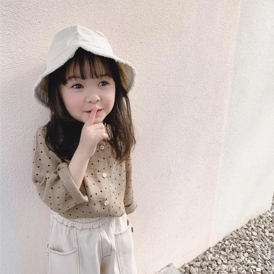 Хлопковая рубашка в горошек с длинными рукавами для маленьких девочек детские