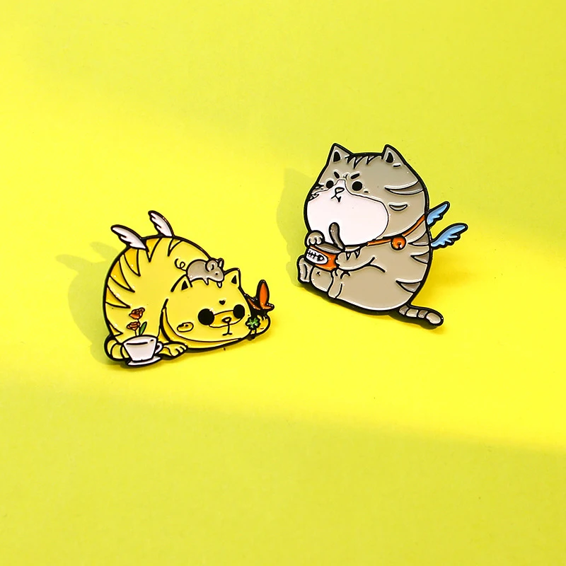 Cartoon Gray Yellow Fat Cat Angel  Enamel pin Cute Brooch Bag Clothes Lapel Pin Sasha Away Badge Cartoon Jewelry Gift For People