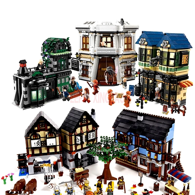 LEPIN 16011 16012 LP 16011 средневековое поместье замка+ LP 16012 Косой Переулок модель здания конструктор для детей legaoings игрушки Клон 10193 10217 - Цвет: LEPIN 16011 16012