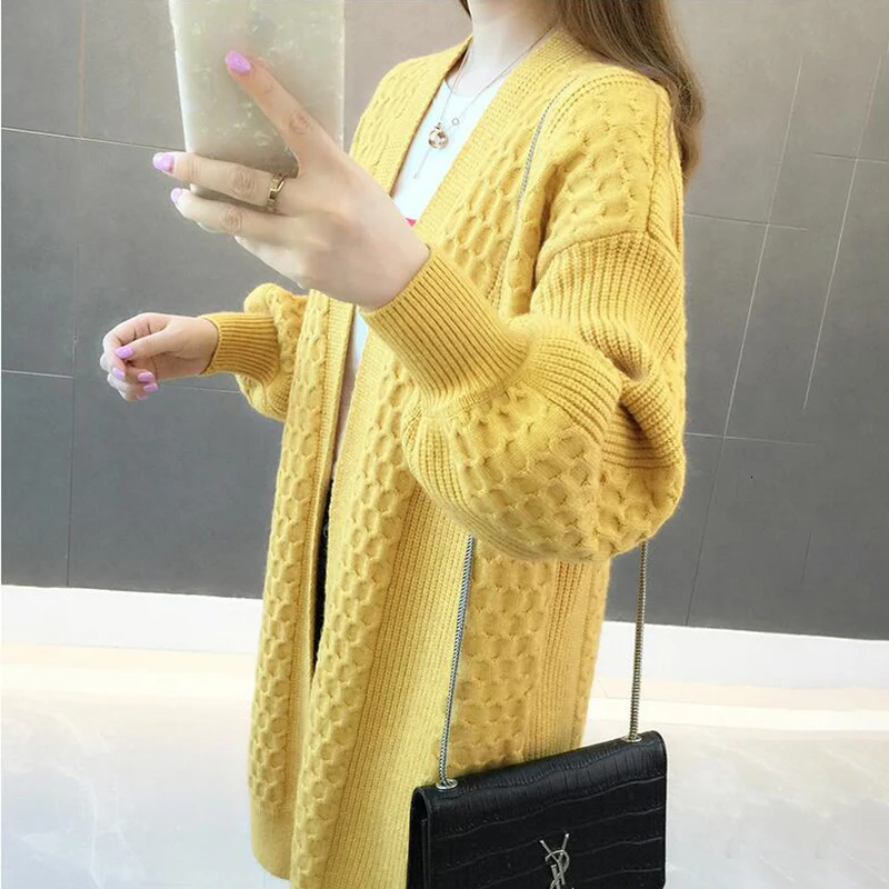 PEONFLY Loose Long Cardigan Women 2019 Autumn Winter Lantern Sleeve Sweater Female Casual Yellow Knitted Jacket |