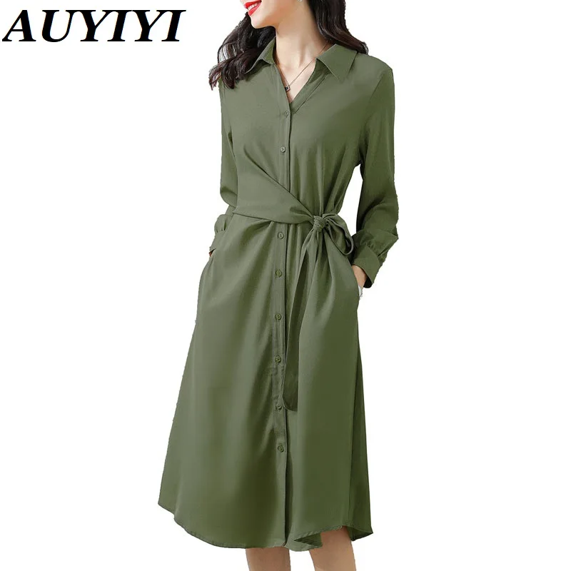 

AUYIYI модное темпераментное женское платье-рубашка с длинным рукавом Весна-Осень 2021 новая приталенная ацетатная юбка высокого качества