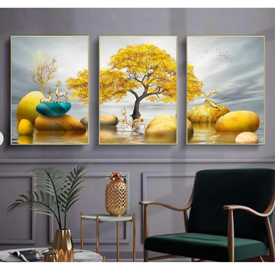 

diamond embroidery Triptych Golden Tree and Deer Stone 5d diy diamond painting 3D cross stitch full Square/Round drill mosaic